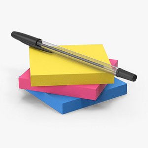 3D Sticky Notes Stack With Ballpoint Pen model
