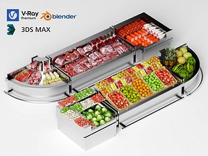 Fresh Food Display Counter with Meat and Fruit 3D