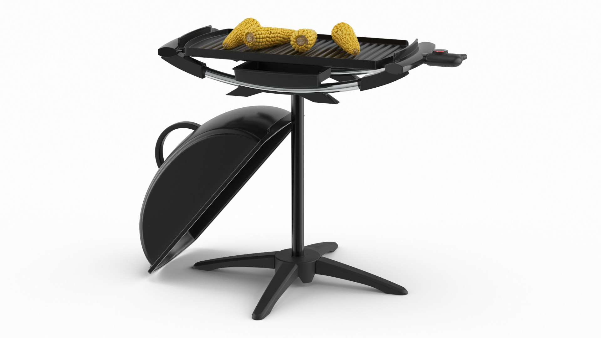 Open Lid Electric BBQ Grill with Corn Black 3D model preview