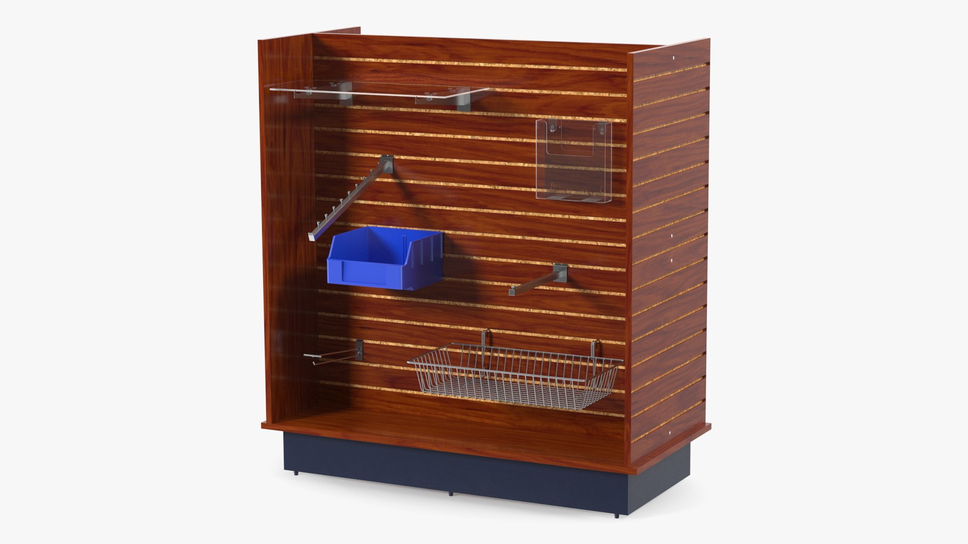 Slatwall Display with Accessories Dark Wood 3D model preview