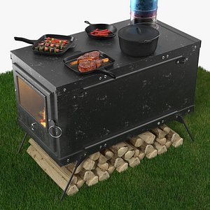 3D Outdoor Wood Stove with Fire and Cooking Pots Black Fur