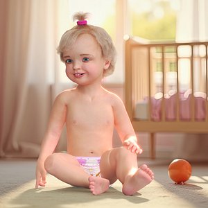 Baby Girl Wearing Diaper Sitting Fur model