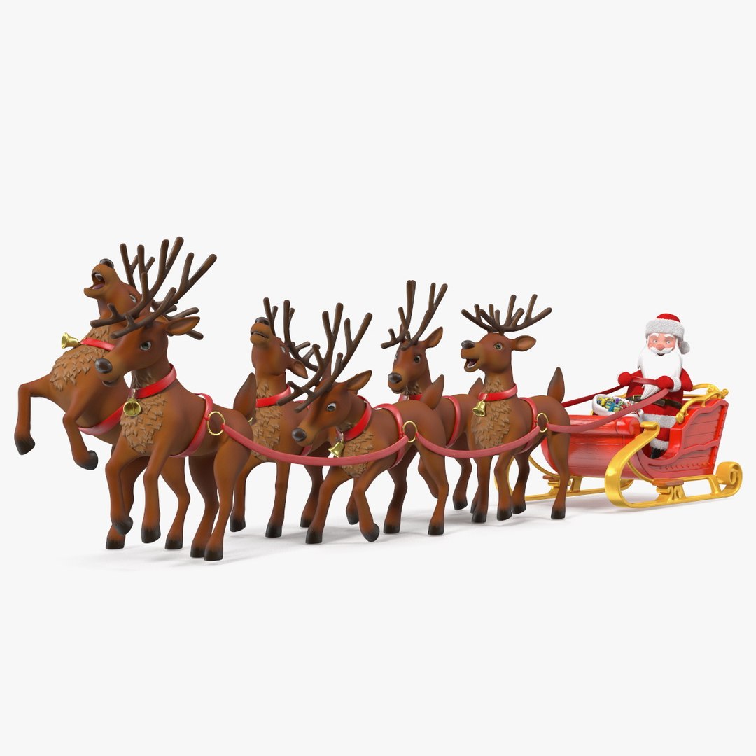 Santa Claus Sleigh with Deer Standing Fur 3D model preview
