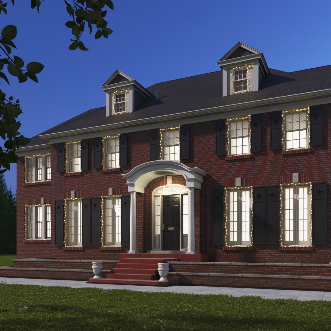Home Alone Brick Colonial House With Garland 3D model preview