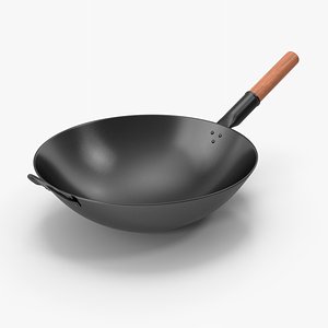 3D Carbon Wok With Wooden Handle model