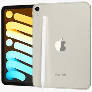 Apple iPad mini 2024 WiFi and Cellular with Pencil Starlight 3D model