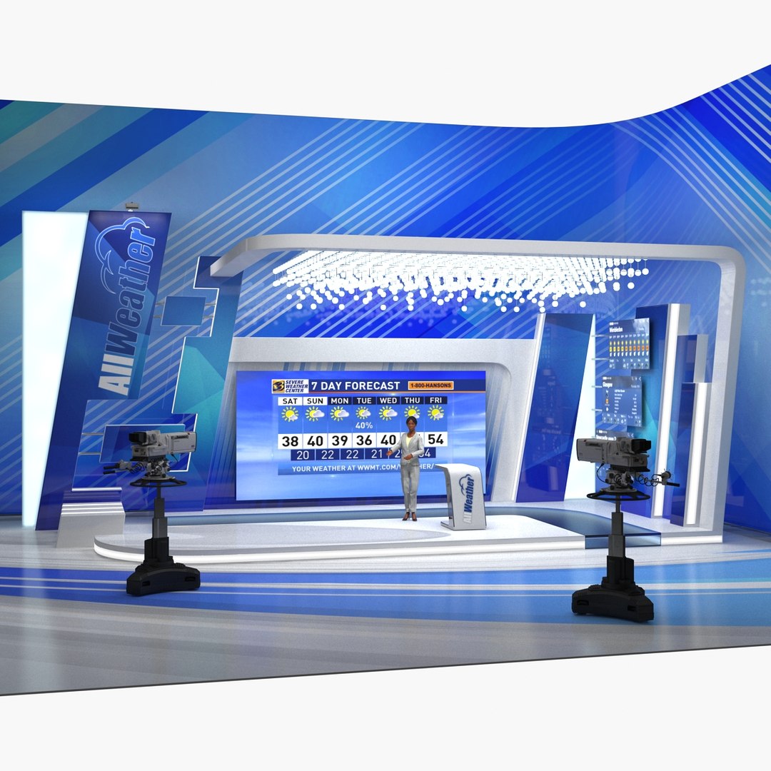 TV Studio with Cameras and Weather Presenter Rigged 3D model preview