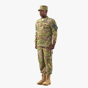African-American US Soldier Standing at Attention Camouflage 3D Model