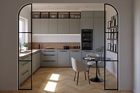 Modern L-shape kitchen grey and wood with dining table and chair