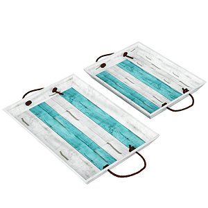 Distressed Finish Blue and White Slat Board Serving Trays