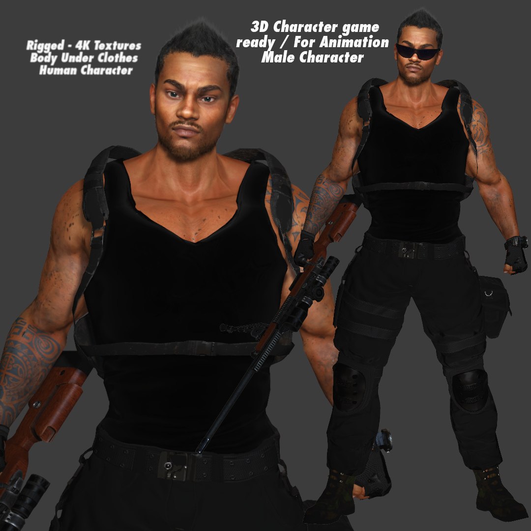 3D AAA 3D REALISTIC BLACK MALE CHARACTER - GUN SHOOTER MAN Model ...