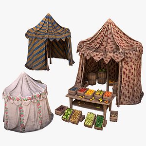 Medieval Market Stalls Cylindrical Tent Fruits Vegetables 3D model