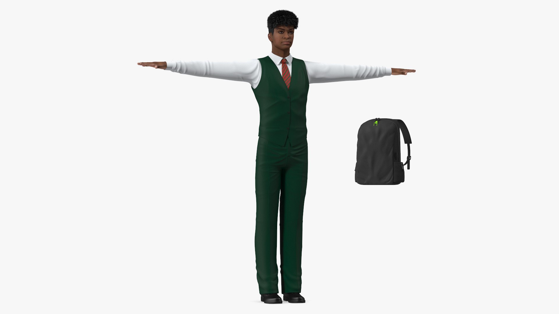 Black Teenager Light Skin School Uniform Neutral Pose 3D model preview