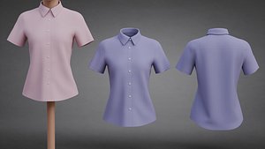 Pink Purple Button-Up Shirt - Short-Sleeve Female Dress Shirt 3D Model