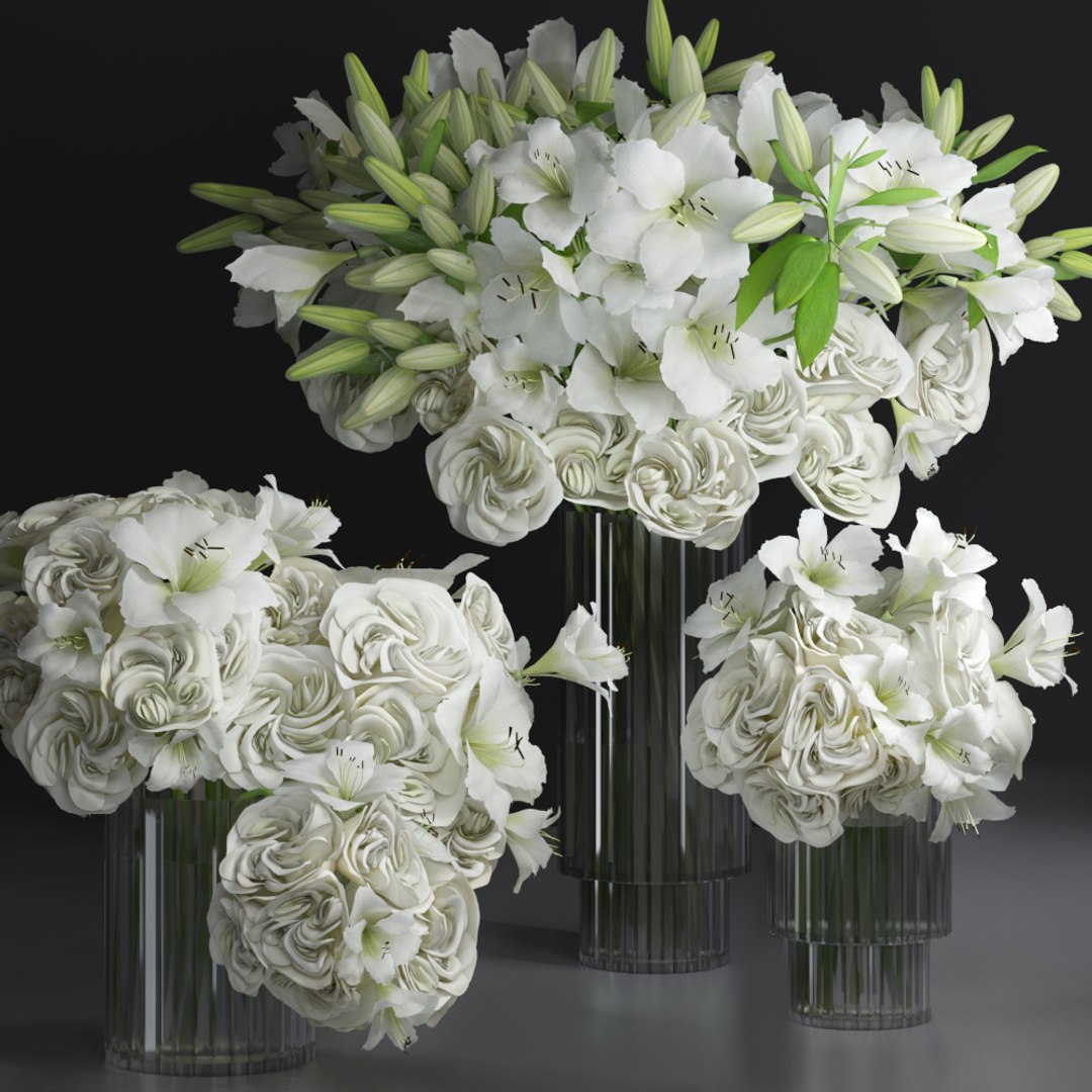 White Lily Tuberose Peony Camellia Bouquet Decorative Glass Vases 3D