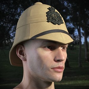 British Army Pith Helmet with Regimental Badge on Man Head