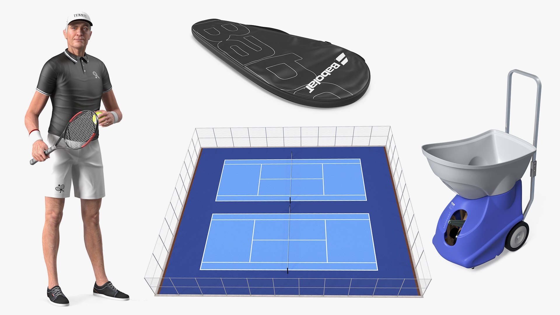 Rigged  Elderly Man Sport Wear with Tennis Equipment Collection for Maya 3D model preview