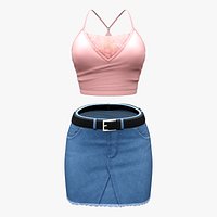 2in1 Body Top Denim Skirt Outfit