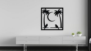 Tropical Palm Trees Birds Moon Silhouette Wall Art