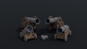 Low-poly cartoon medieval cannon kit 3D model