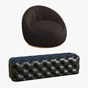3D Chesterfield Leather Bench With Brown Sofa model