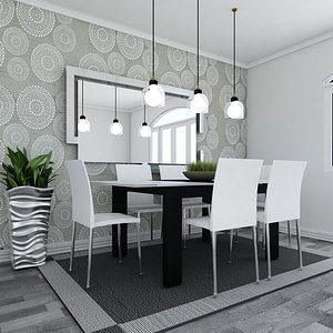 3D Dinning Room Wood Mirror Table Plants set grey model
