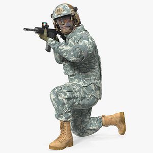 3D Army Soldier in Grey Camo with Rifle Aiming Fur