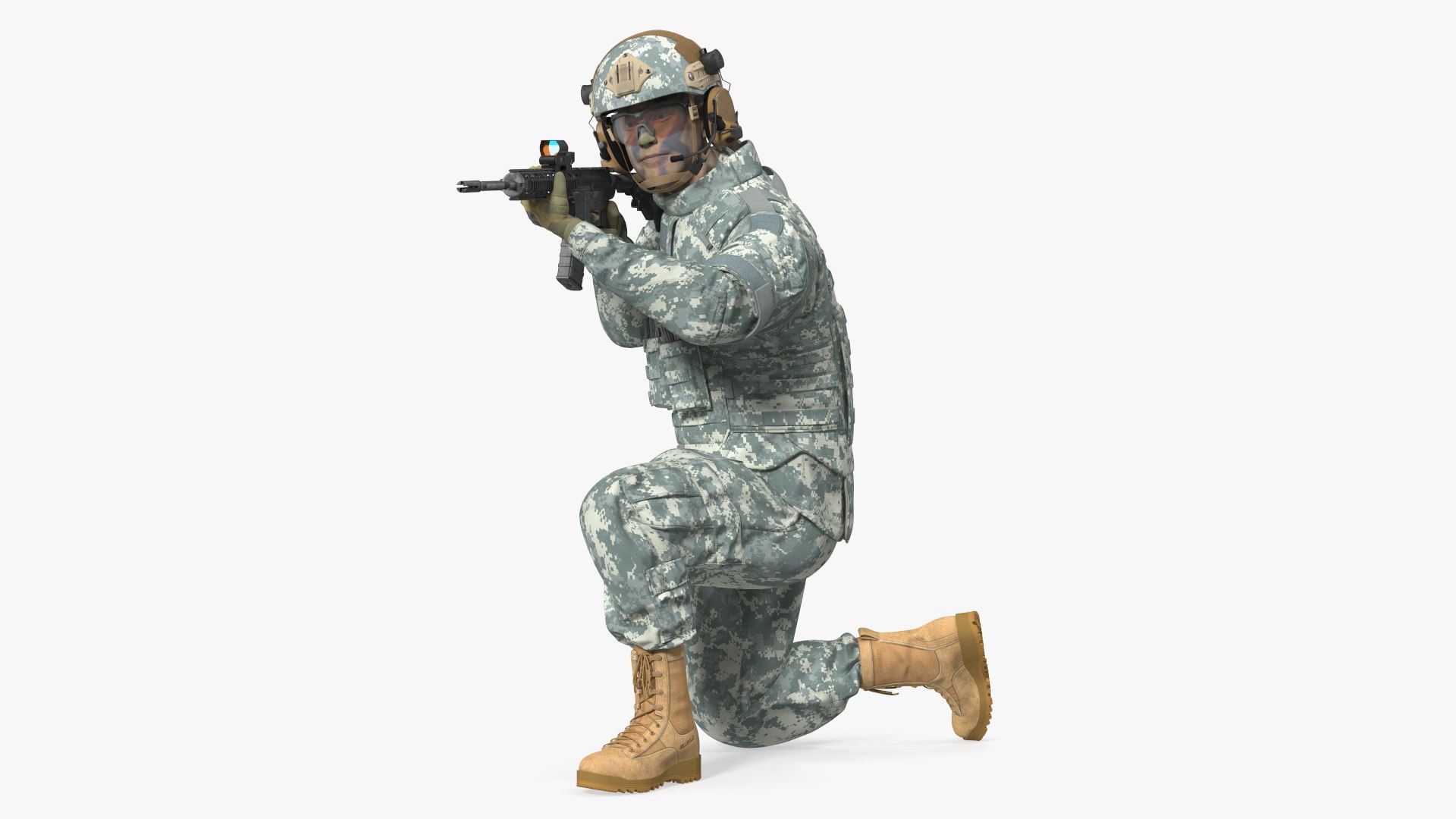 Army Soldier in Grey Camo with Rifle Aiming Fur 3D model preview