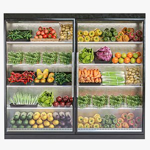 Display case refrigerator in a supermarket with fruits and vegetables 3D