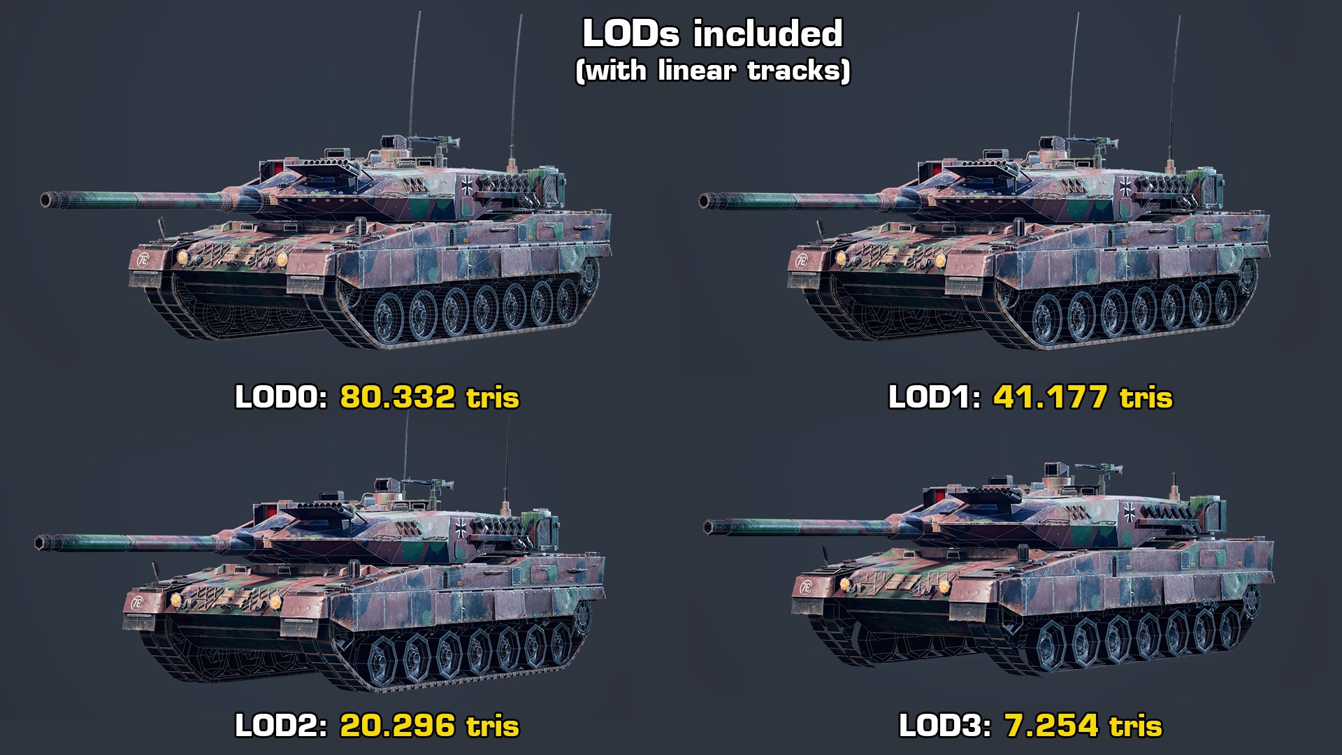 Rigged Leopard 2A7 GameReady LODs 3D model https://p.turbosquid.com/ts-thumb/LZ/dsYwxa/Ws/lods_linear/png/1617986817/1920x1080/fit_q87/3e2b364dfdde94f5e528ae230e58b9fc810ce8a5/lods_linear.jpg