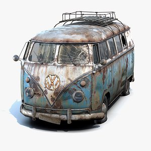 3D low-poly rusty volkswagen t1 model