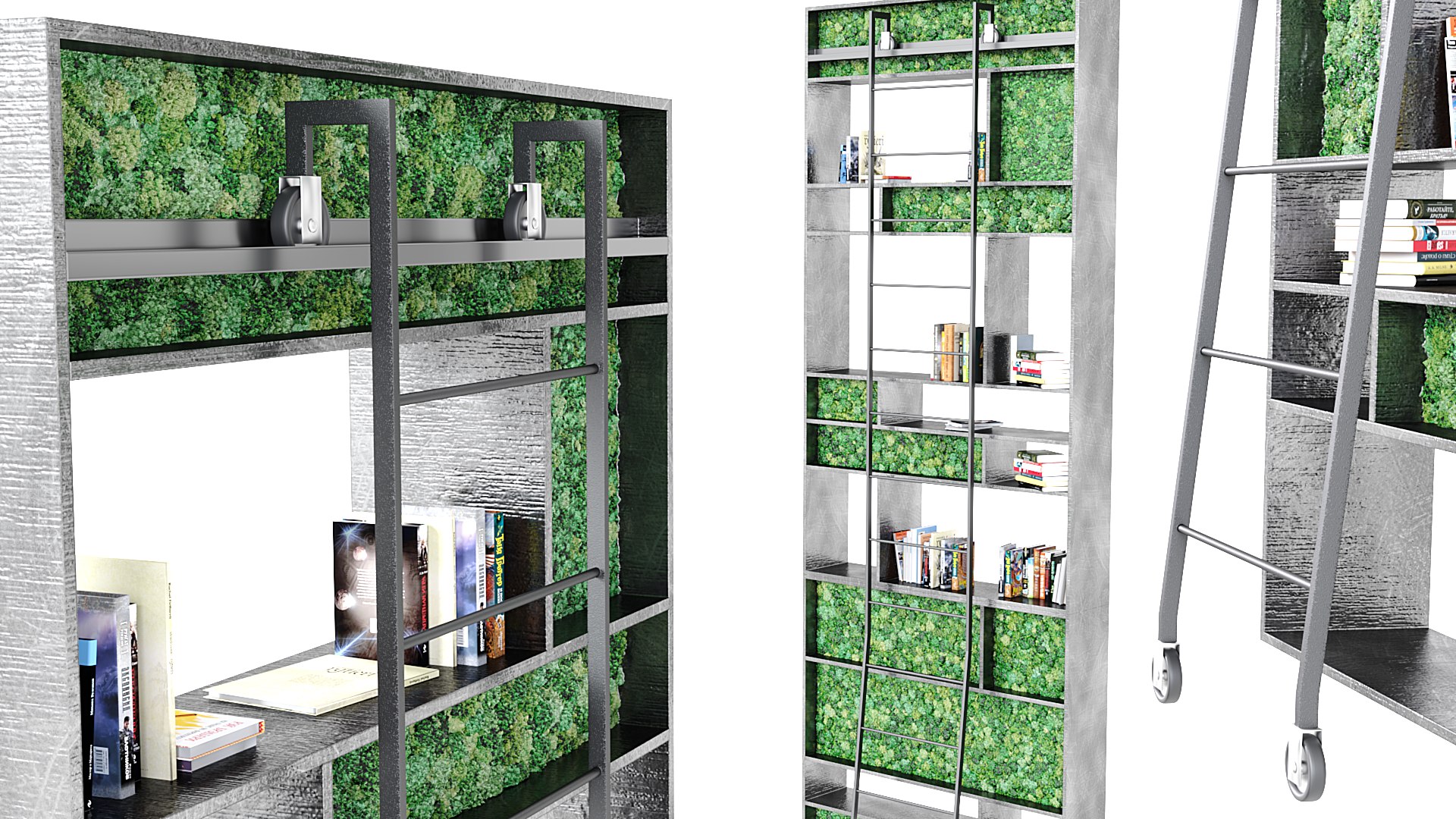 3D Loft bookcase Furniture partition with books and plants model ...