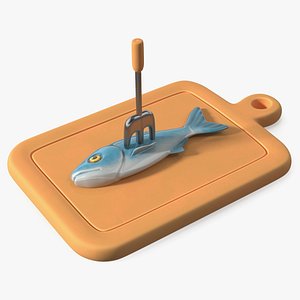 Cartoon Fresh Fish with Fork on Board