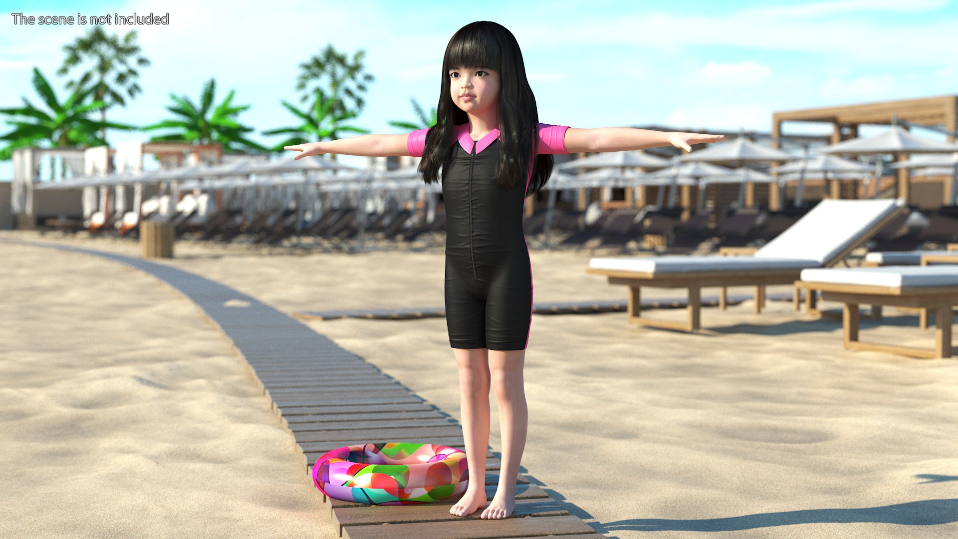 Asian Girl in Beach Suit with Inflatable Circle Rigged for Cinema 4D 3D model preview