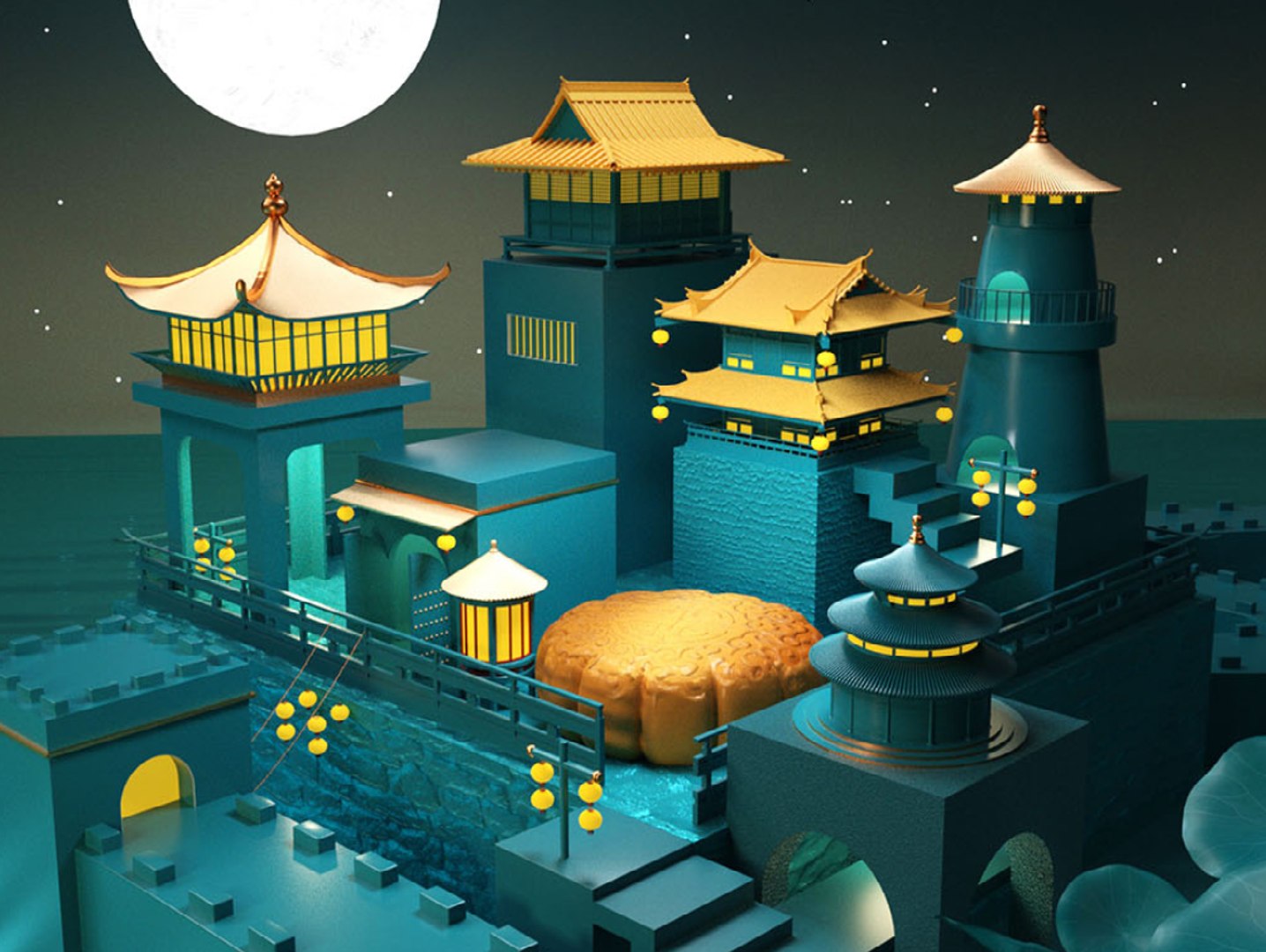 Chinese Style Archaize Architecture Cartoon Mid-Autumn Festival Ancient ...