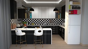 3D Modern Black  White Kitchen 3D Model with Island model