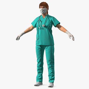 3D Female Nurse Character with Stethoscope and Face Mask Fur