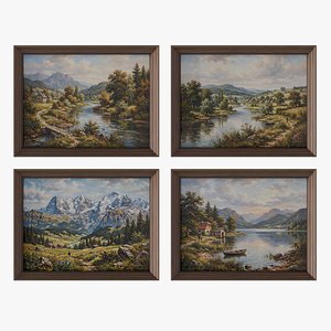 4 Classic Oil Paintings with wooden Frames1 3D model