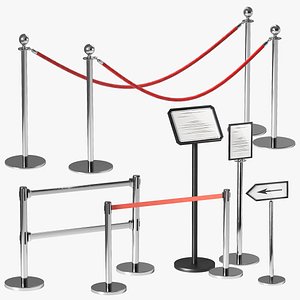 Crowd barrier velvet rope stanchion and signs 3D model