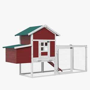 Red Small Chicken Coop with Chicken Run Empty 3D model