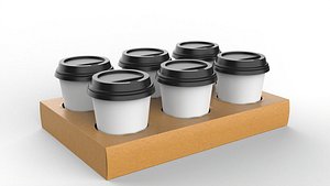 Six Coffee Cups with Kraft Paper Holder 3D