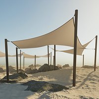 Shade Canopyvs rocks and sand vs rotang table and stool