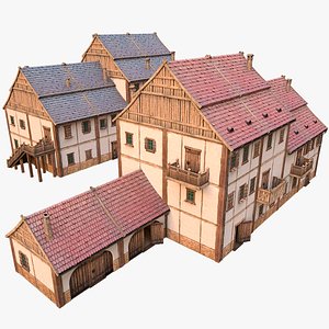 3D Medieval Brick Town House with Barn