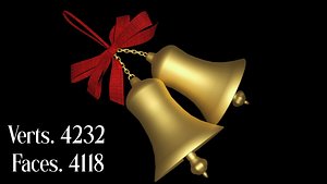 3D Christmas Bells Model Golden with Red Ribbon