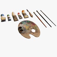 Set of art supplies with palette for painting with oil paints