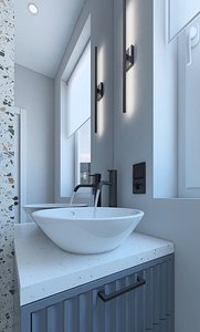 Toilet room with variegated tiles
