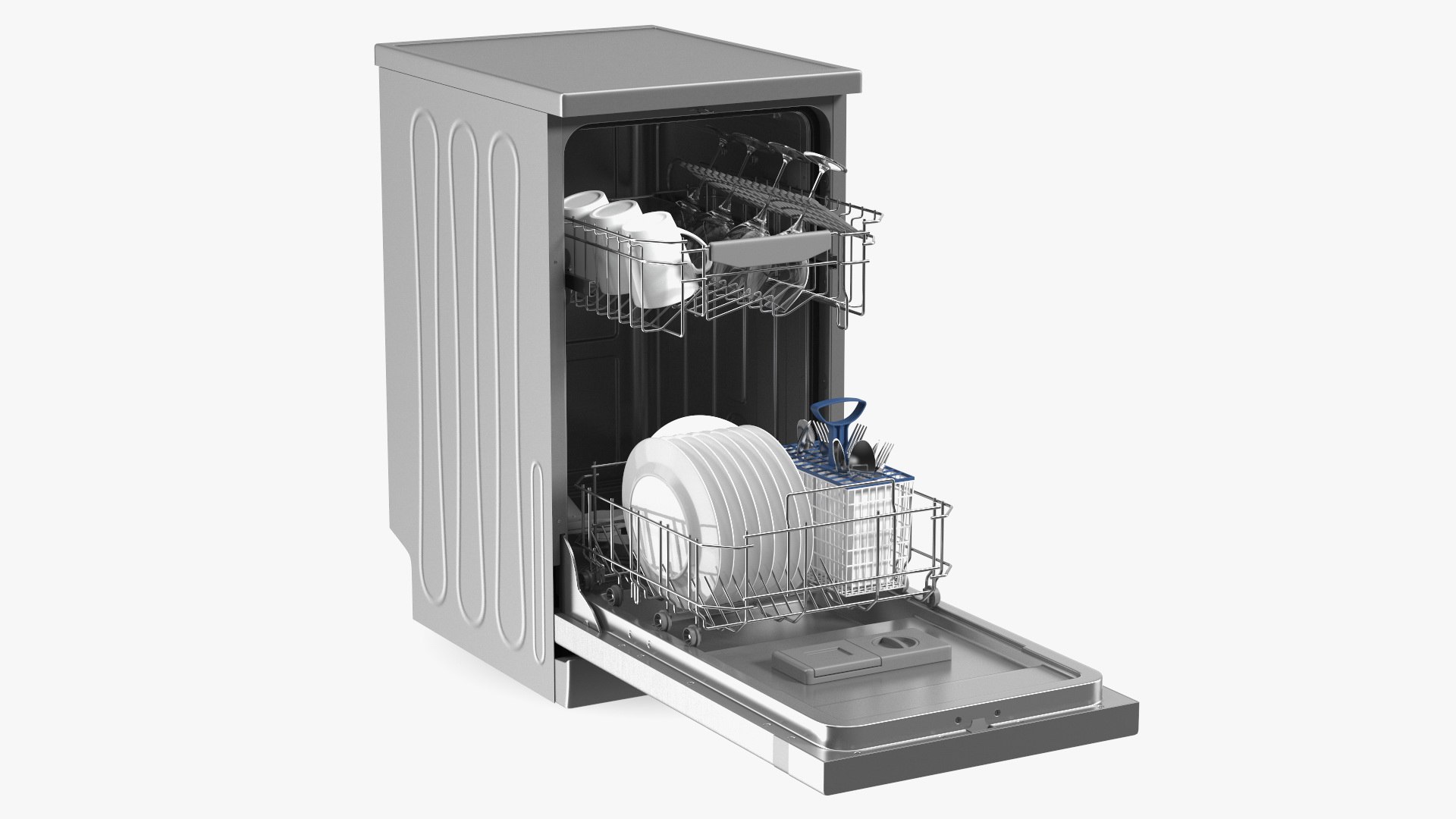 Open Dishwasher With Clean Dishes 3D model preview