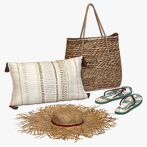 Boho style beach accessory set with hat and slippers 3D model
