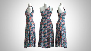 3D Woman Dress 2 Blue Pink Flower model