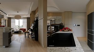 Soft Neutrals Apartment - Living dining Kit chen - MAX FBX OBJ SKP Simlab Collada Blender